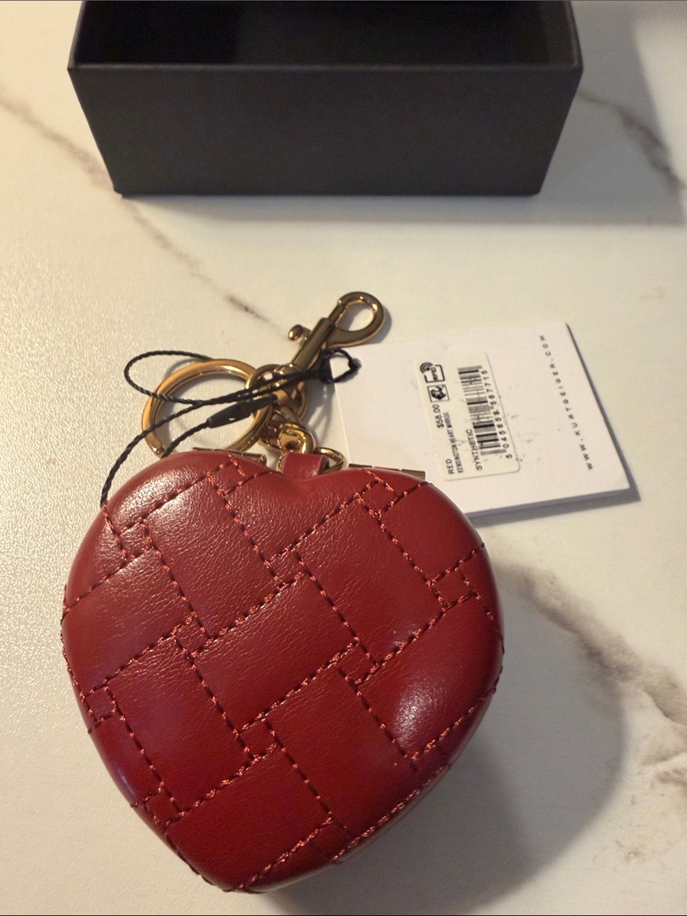 Kurt Geiger Red Quilted Heart Charm Key Ring with Gold Hardware - Picture 3 of 3